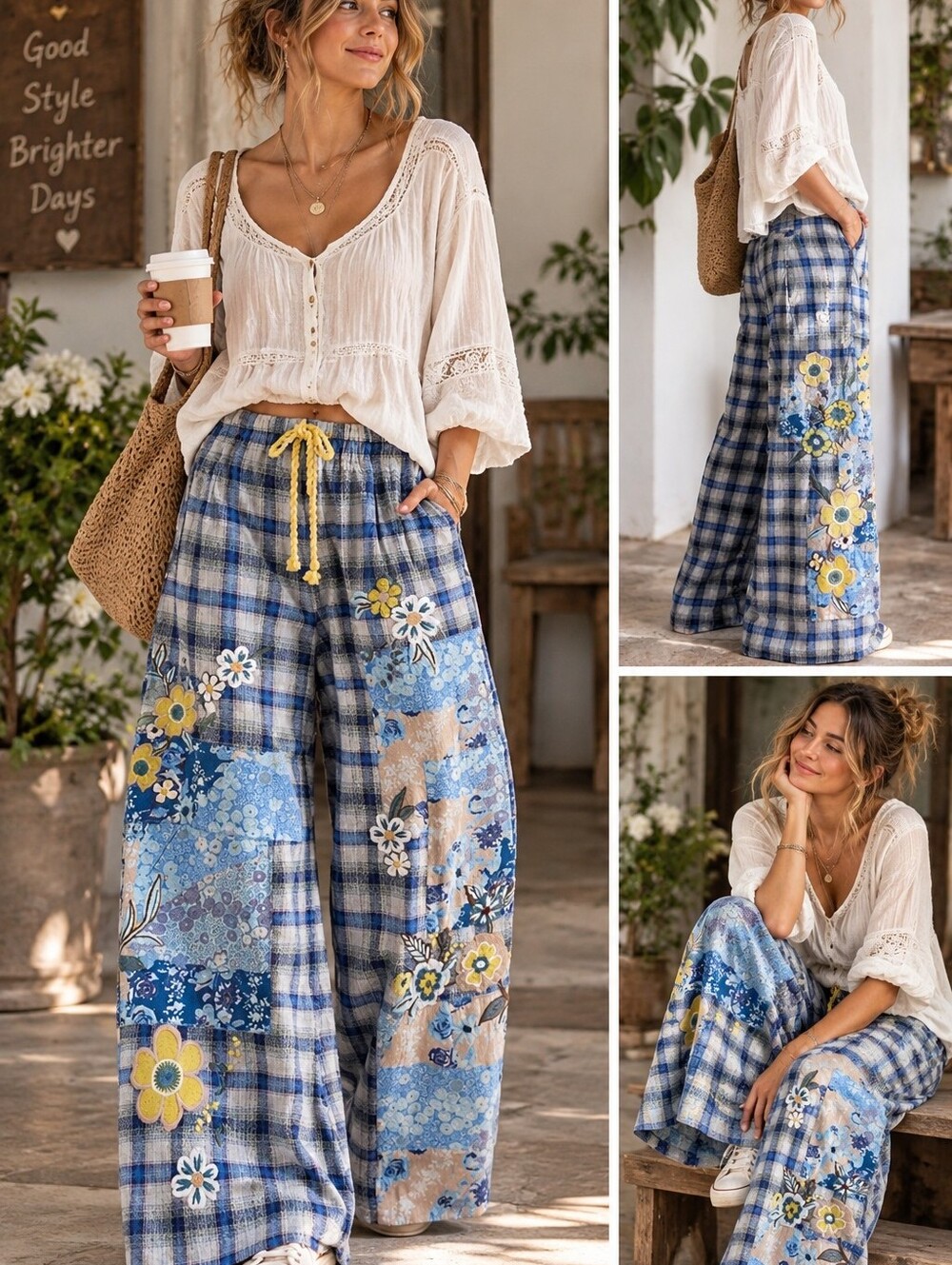 The Free People Brooks Embroidered Wide-Leg Patchwork Pants in blue, NWT, S